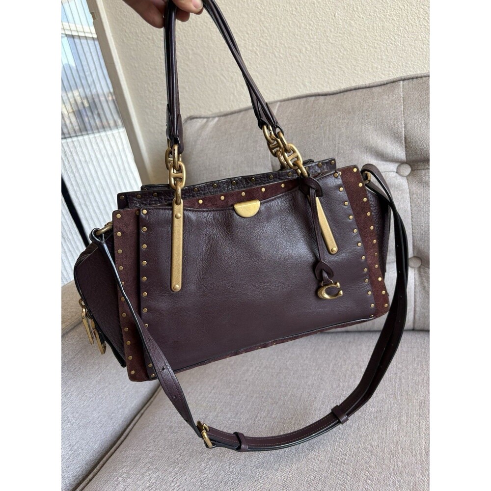 COACH Dreamer 27 Oxblood Mixed Leather Suede Satchel Border Rivets Crossbody Bag